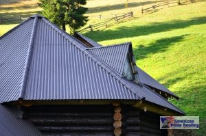 gray vertical metal paneled roof on log home